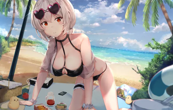 Girl, beach, sky, nipples, woman, big, breast, anime