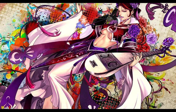 Music, girl, flower, dress, anime, pattern, breasts, snyp