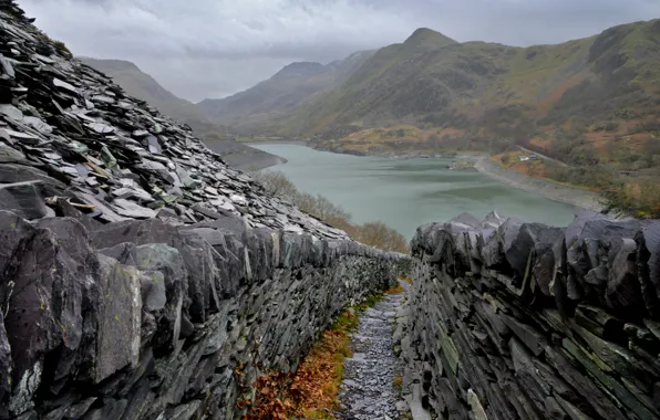 Picture mountains, lake, stones, rocks, Wales, The Gwynedd region