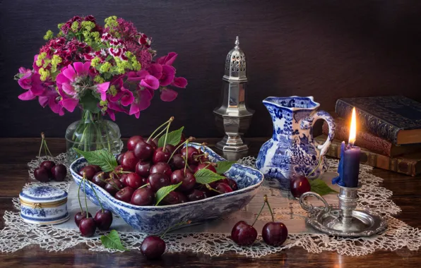 Flowers, style, berries, books, candle, bouquet, pitcher, still life