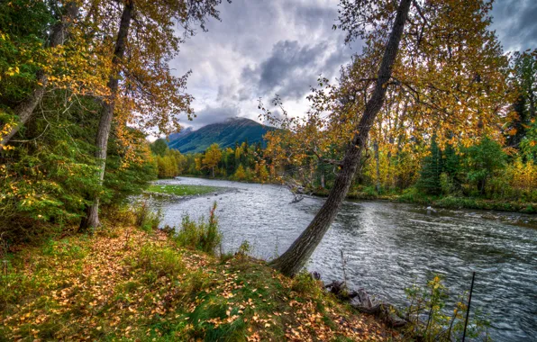 Autumn, the sky, trees, mountains, clouds, river