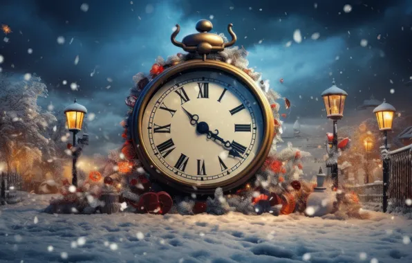 Winter, snow, night, time, watch, Christmas, panorama, New year