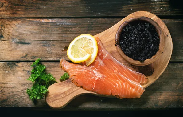 Greens, lemon, fish, Board, caviar