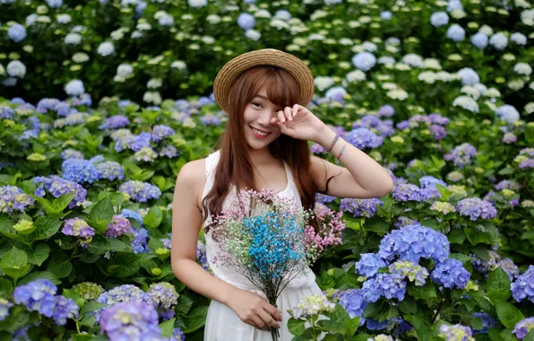 Flowers, smile, bouquet, positive, Asian, gesture, beautiful girl, smile