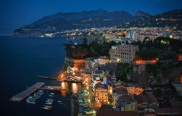 Picture sea, the sky, mountains, night, lights, rocks, home, Italy