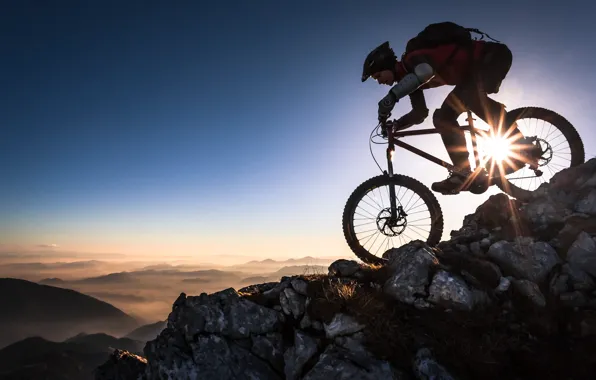 The sky, the sun, sunset, mountains, jump, the descent, sport, horizon