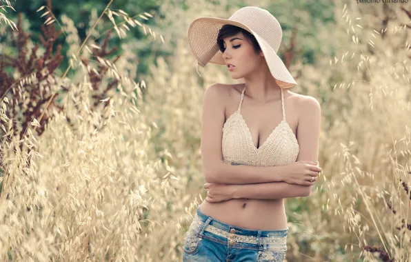 Grass, the sun, model, shorts, hat, makeup, figure, brunette