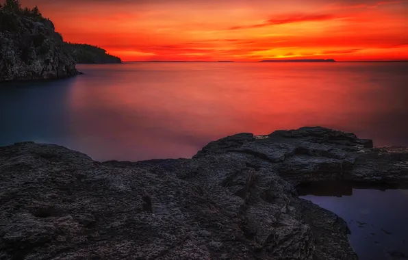 Sea, the sky, clouds, sunset, rocks, glow