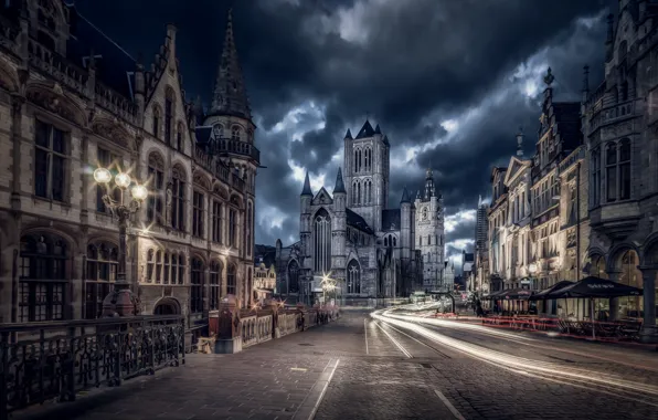 Road, light, night, the city, the evening, excerpt, Belgium
