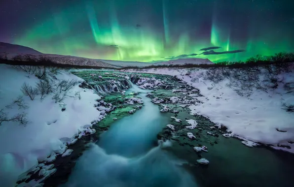 Picture winter, snow, river, waterfall, Northern lights, Iceland, Iceland, Bruara River