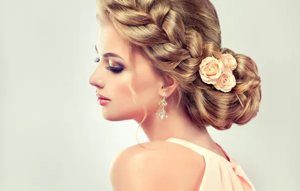 Girl, eyelashes, hair, roses, makeup, lipstick, hairstyle, shadows