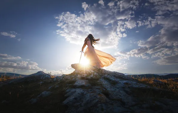 The sky, girl, the sun, clouds, light, mountains, nature, pose