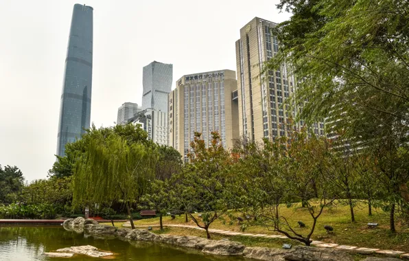 Trees, pond, Park, stones, building, home, skyscrapers, China