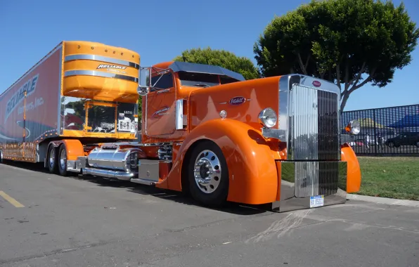 Orange, cabin, custom, truck, reliable, big rig, peterbilt