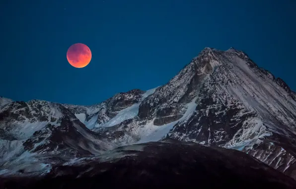 Picture the sky, snow, mountains, nature, the moon, the full moon, lunar Eclipse