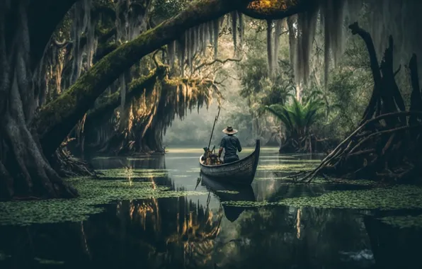 Light, trees, branches, nature, roots, lake, reflection, rendering