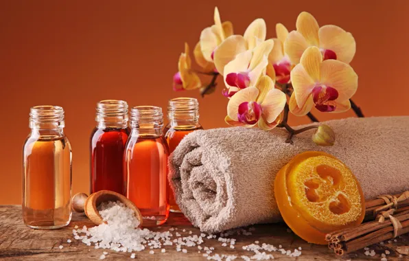 Flower, oil, towel, cinnamon, Orchid, Spa, salt, bottle