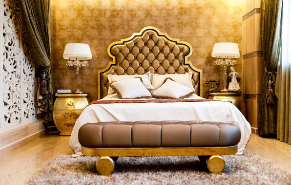 Gold, bed, mansion, luxury, bedroom, lamps