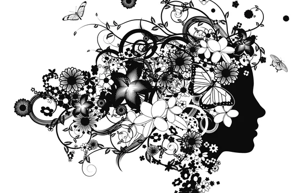 Picture girl, butterfly, flowers, face, abstraction, silhouette, profile