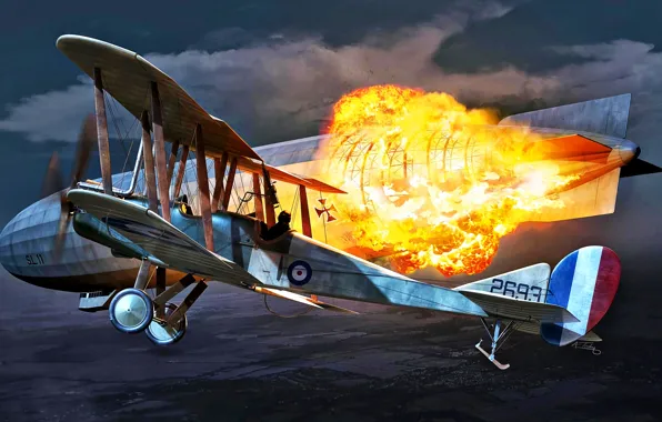 Picture Fire, The explosion, Biplane, The airship, WWI, Royal Aircraft Factory, B.E.2C