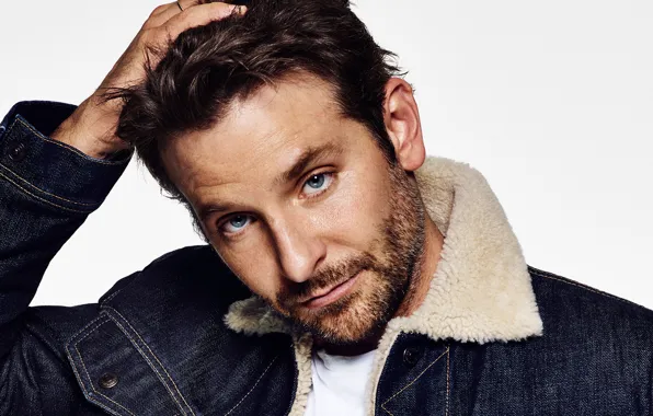 Picture portrait, jacket, actor, white background, fur, Bradley Cooper, jeans, Bradley Cooper
