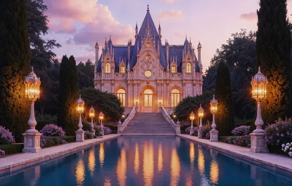Lights, castle, Palace, fabulous, castle, ancient, fairytale, gloomy