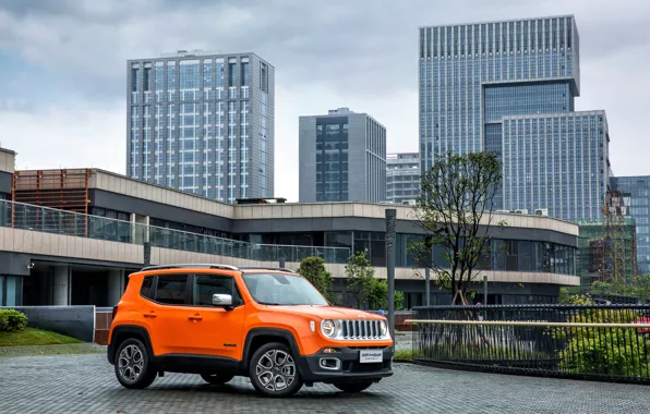 Skyscrapers, jeep, Orange, car, Jeep, Limited, Renegade