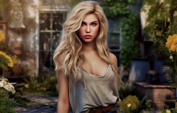 Chest, summer, look, girl, flowers, face, house, rendering