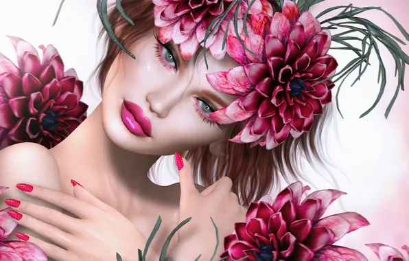 Picture eyes, look, flowers, face, background, petals, lipstick
