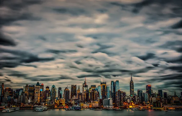 The sky, clouds, the city, lights, building, lighting, Manhattan, New York