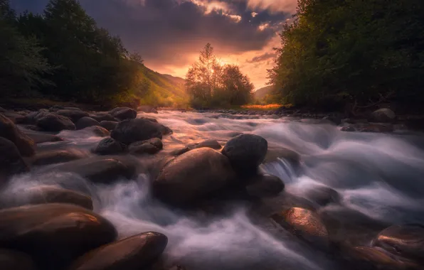 Picture the sky, trees, landscape, sunset, clouds, nature, river, stones