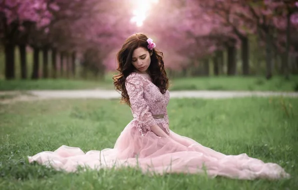 Picture grass, flowers, dress, hairstyle, the alley, Miss Froggi