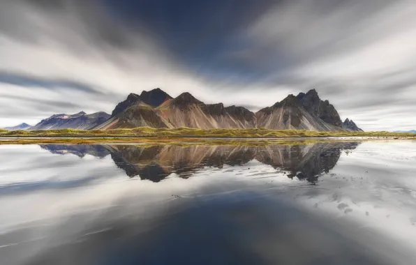 The sky, water, mountains, reflection, rocks, Iceland, Vestrahorn