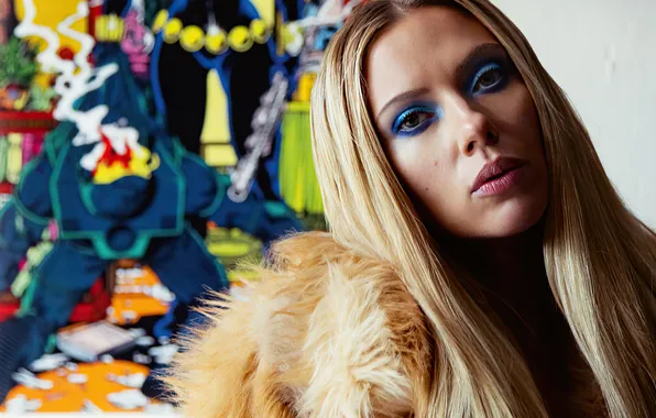 Look, pose, picture, makeup, actress, Scarlett Johansson, fur, singer