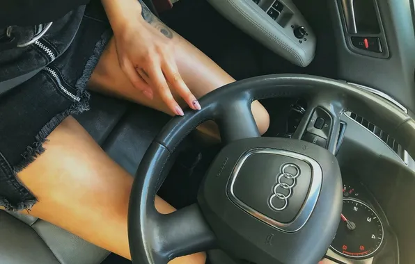 Auto, girl, feet, tattoo, the wheel, manicure, slender legs, Aydi