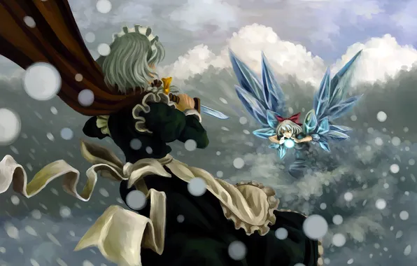 Picture the sky, snow, magic, girls, ball, wings, art, knife