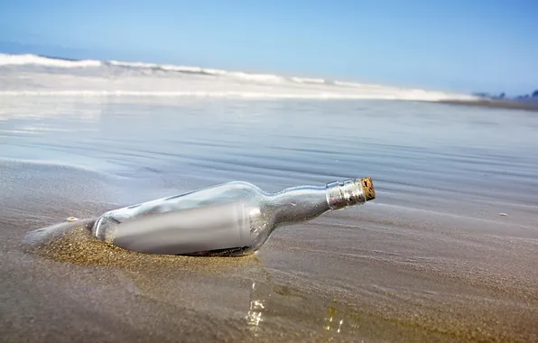 Picture sand, sea, shore, bottle, note, message, paper, message
