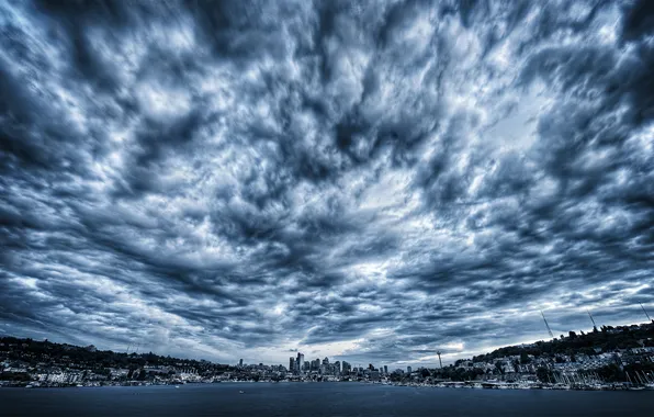 Sea, the sky, water, clouds, the city, lake, Bay, cloudy