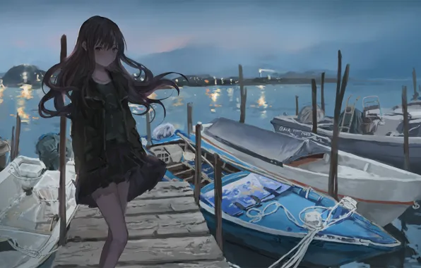 Girl, Pier, Boats, Art