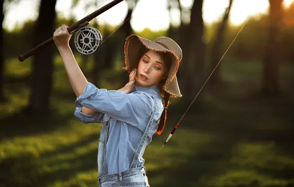 Picture girl, fisherman, hat, float, rod