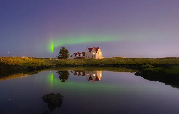 The sky, light, night, reflection, stones, tree, shore, home