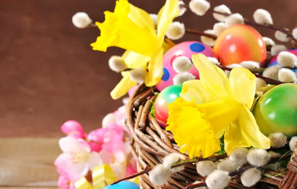 Flowers, basket, eggs, spring, Easter, Verba, Spring, daffodils