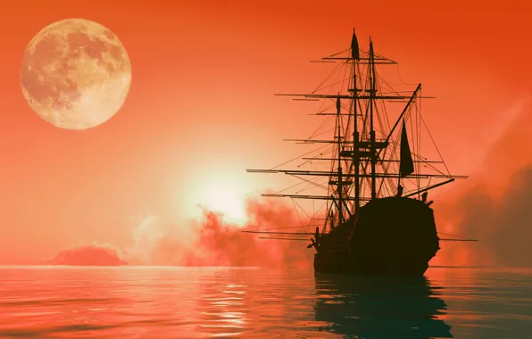 Sea, the sky, sunset, the moon, sailboat, fantasy