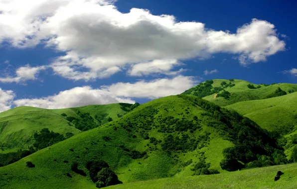 The sky, clouds, green, hills