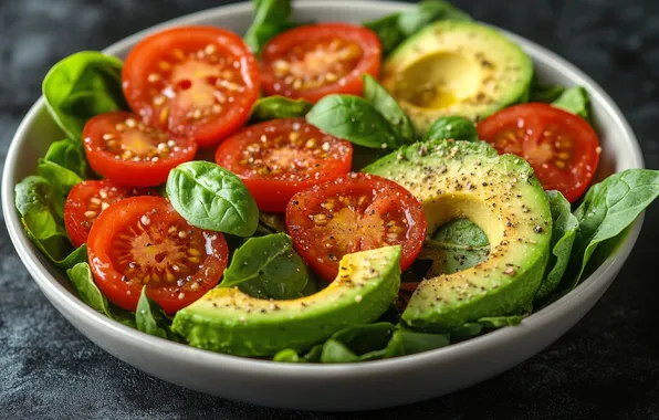 Greens, table, plate, vegetables, tomatoes, slices, cutting, salad