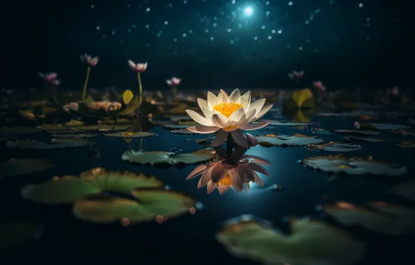 Flowers, pond, Nymphaeum, water Lily, AI art, neural network