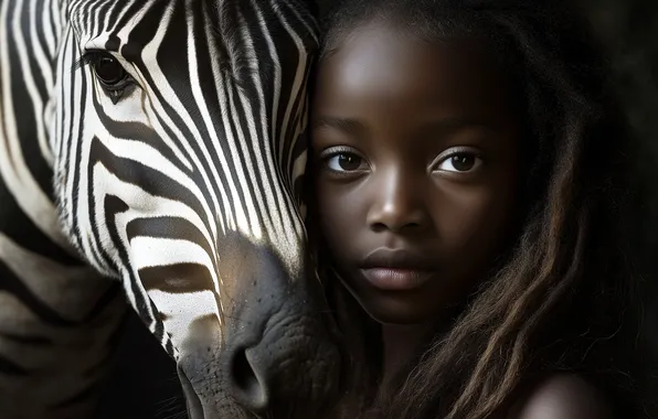 Look, face, face, pose, the dark background, portrait, Zebra, girl