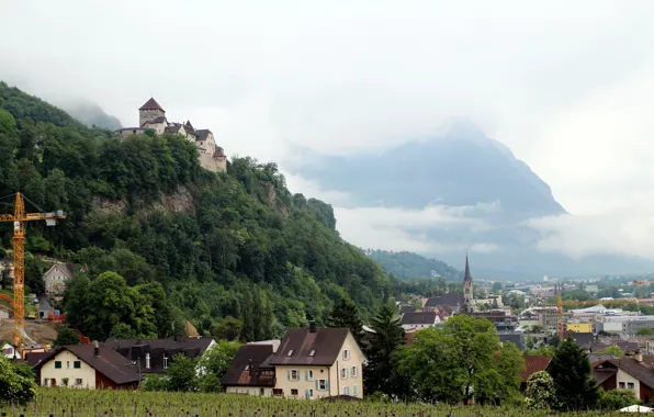 Mountains, the city, castle, rocks, home, town, landscape., Liechtenstein