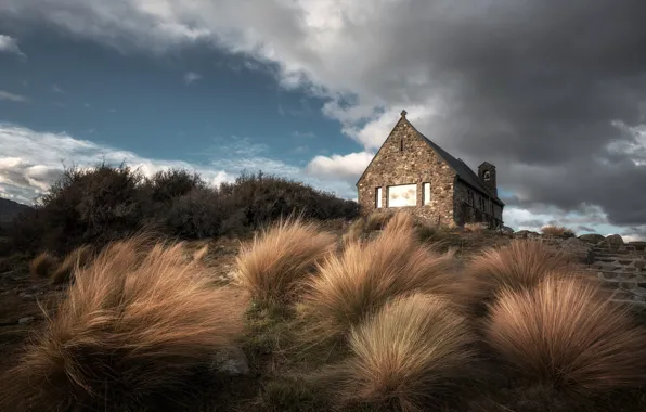 Field, autumn, the sky, clouds, hill, house, cereals, the bushes