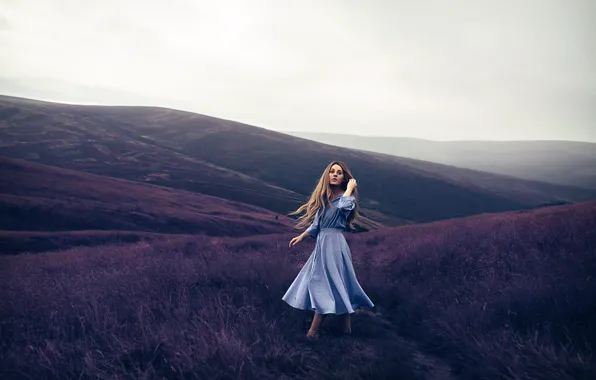 Picture girl, hills, dress, Rosie Hardy, Violet Mountains